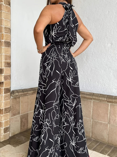 Chic Print Halter Tie Waist Wide Leg Jumpsuit