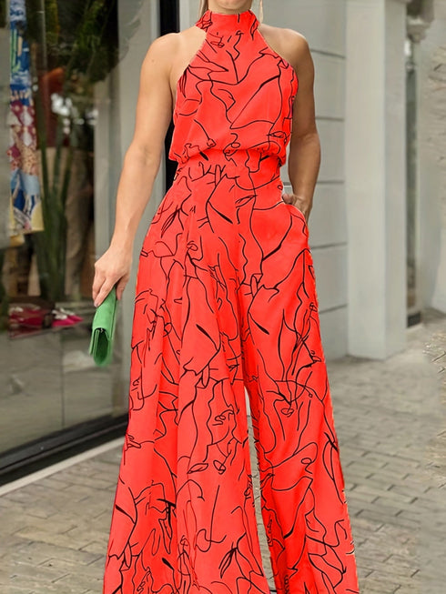 Chic Print Halter Tie Waist Wide Leg Jumpsuit