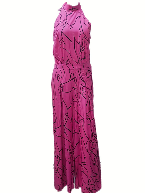 Chic Print Halter Tie Waist Wide Leg Jumpsuit