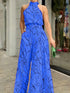 Chic Print Halter Tie Waist Wide Leg Jumpsuit