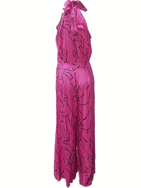 Chic Print Halter Tie Waist Wide Leg Jumpsuit