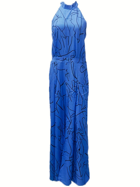 Chic Print Halter Tie Waist Wide Leg Jumpsuit