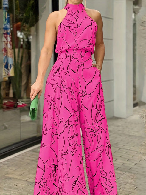 Chic Print Halter Tie Waist Wide Leg Jumpsuit