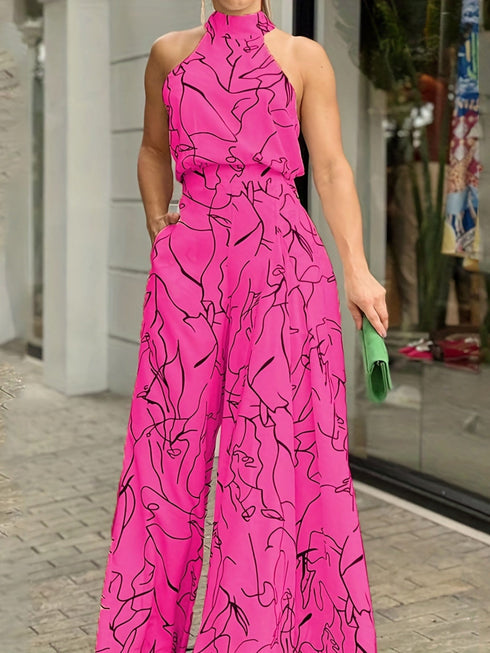 Chic Print Halter Tie Waist Wide Leg Jumpsuit