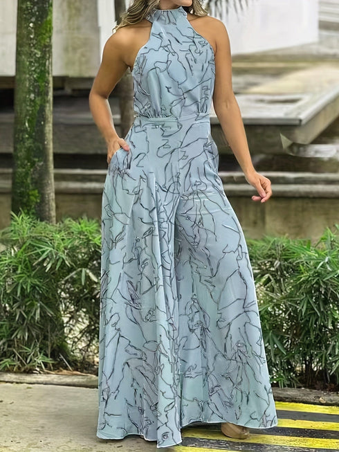 Chic Print Halter Tie Waist Wide Leg Jumpsuit