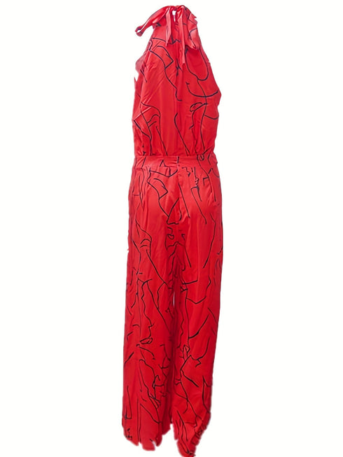 Chic Print Halter Tie Waist Wide Leg Jumpsuit