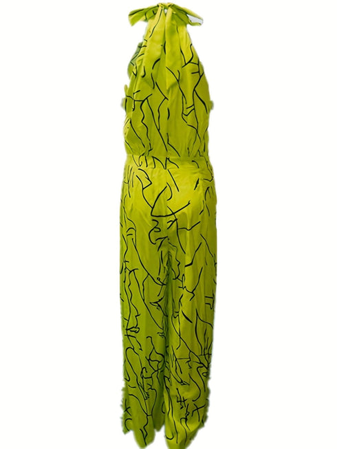 Chic Print Halter Tie Waist Wide Leg Jumpsuit