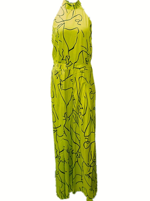 Chic Print Halter Tie Waist Wide Leg Jumpsuit