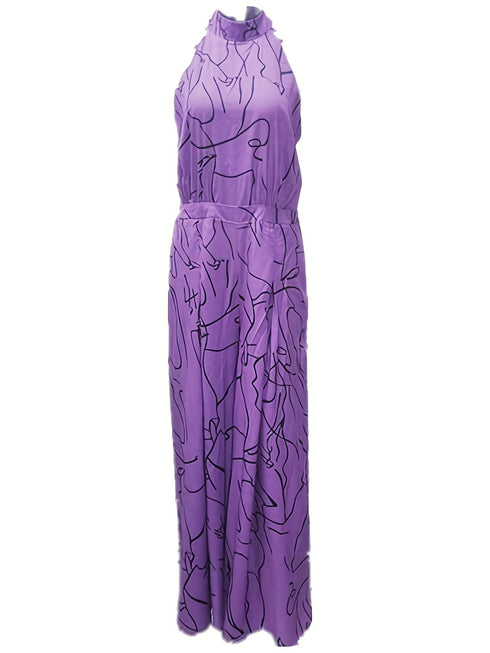 Chic Print Halter Tie Waist Wide Leg Jumpsuit