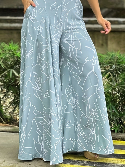 Chic Print Halter Tie Waist Wide Leg Jumpsuit