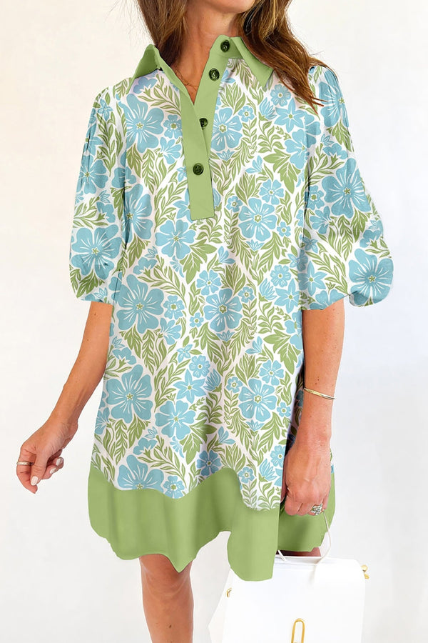 Chic Sky Blue Floral Color Block Mini Dress for Women with Half Sleeves and Trendy Shirt Collar