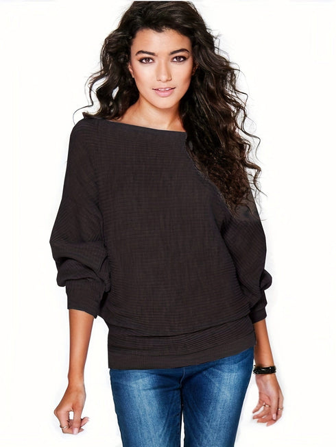 Chic Solid Boat Neck Batwing Sleeve Loose Sweater