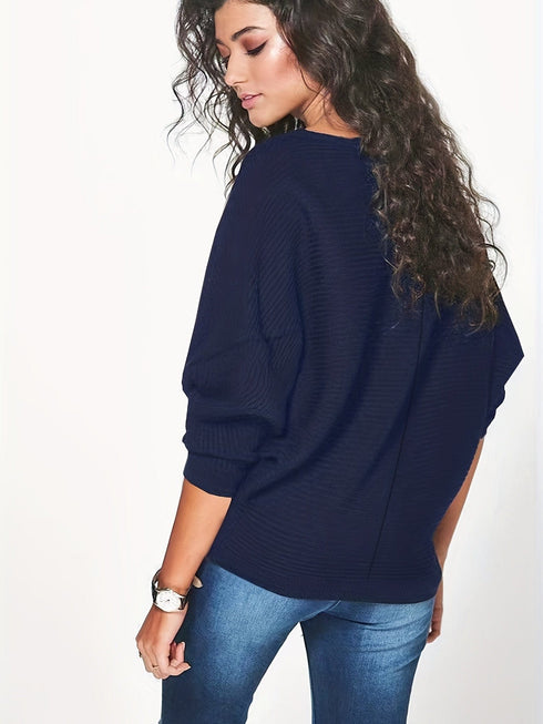 Chic Solid Boat Neck Batwing Sleeve Loose Sweater