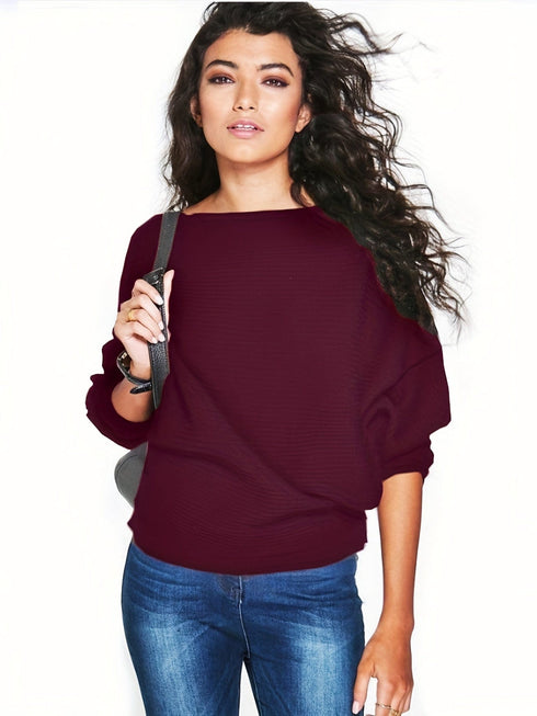 Chic Solid Boat Neck Batwing Sleeve Loose Sweater