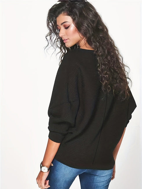 Chic Solid Boat Neck Batwing Sleeve Loose Sweater