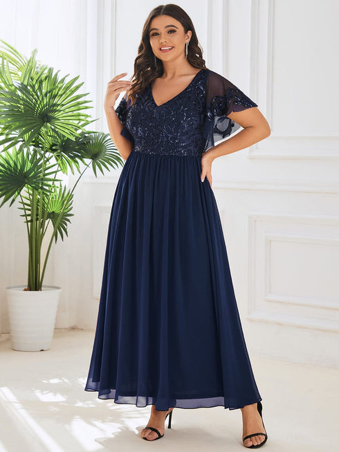 Chic V-Neck Mother of the Bride Dress with Short Ruffles Sleeves