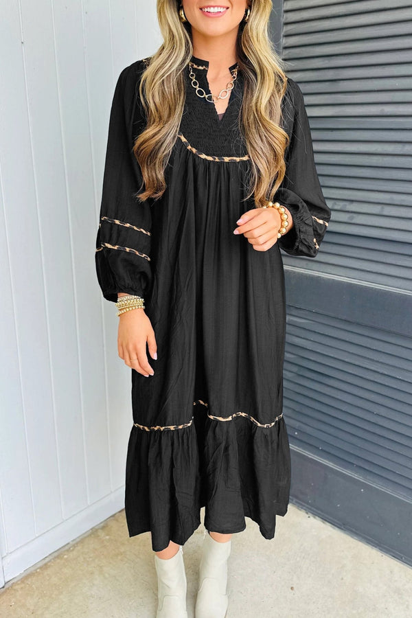 Women's Black Viscose Midi Dress with Leopard Trim and Split Neck with practical styling and dependable silhouette control.