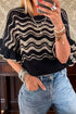 Black Stripe Wavy Crochet Eyelet Detail Ruffle Half Sleeve Sweater