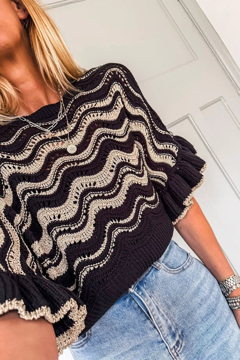 Black Stripe Wavy Crochet Eyelet Detail Ruffle Half Sleeve Sweater