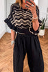 Black Stripe Wavy Crochet Eyelet Detail Ruffle Half Sleeve Sweater