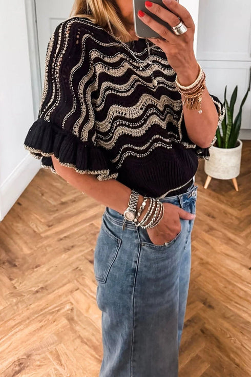 Black Stripe Wavy Crochet Eyelet Detail Ruffle Half Sleeve Sweater