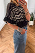 Black Stripe Wavy Crochet Eyelet Detail Ruffle Half Sleeve Sweater