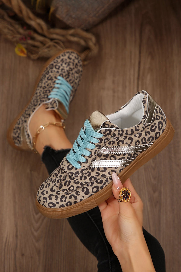 Women's Chic Women's Leopard Print Lace-Up Sneakers in Coffee Faux Suede with PU Leather Accents for Effortless Casual Style