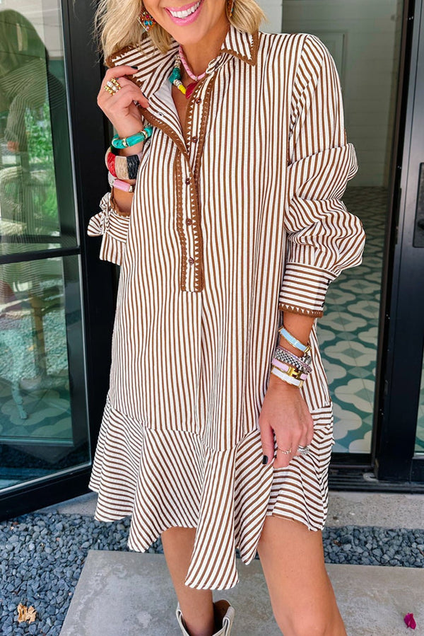 Women's Chic Women's Long Sleeve Khaki Striped Mini Dress with Collar, Ruffle Hem, and Embroidered Trim for Casual Elegance