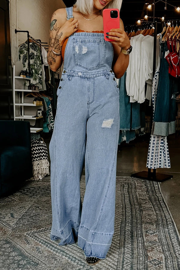 Women's Chic Women's Mist Blue Distressed Denim Overalls with Adjustable Straps for Casual Style and Comfort