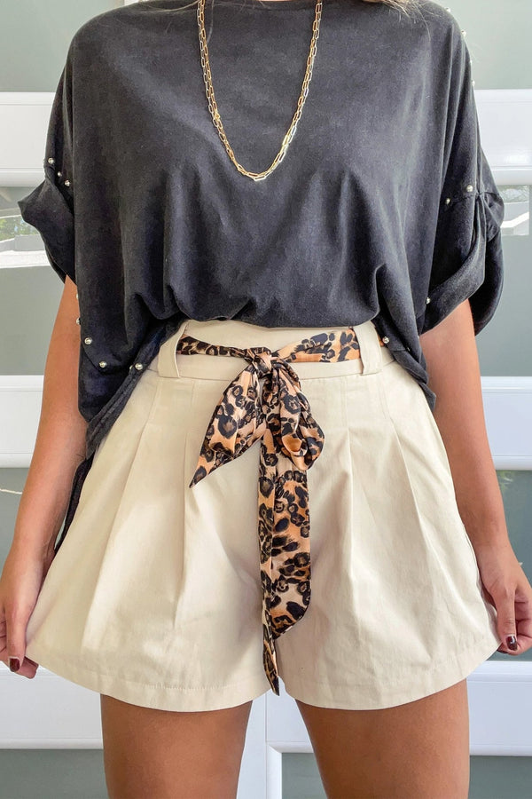 Oatmeal Leopard Contrast Sash Belt Pleated Wide Leg Shorts