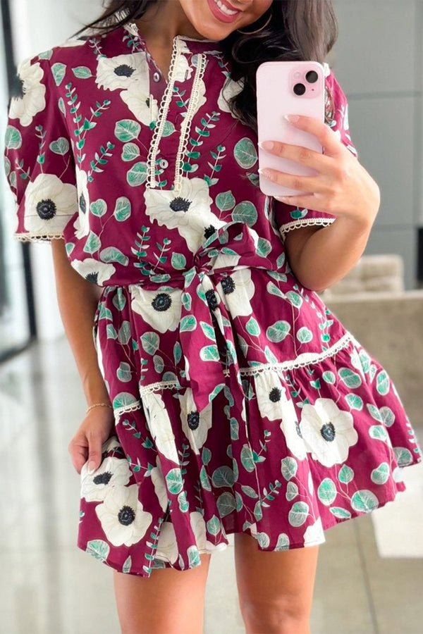 Women's Chic Women's Red Floral Mini Dress with Puff Sleeves, Belted Waist, and Trendy Trim for Effortless Summer Style