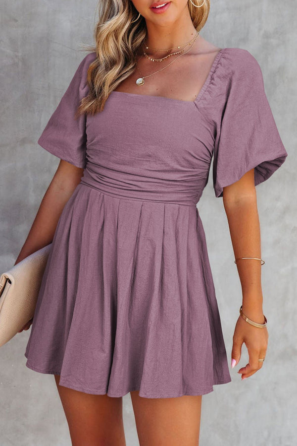 Women's Chic Women's Summer Ruched Romper with Square Neck and Puff Sleeves - Effortless Elegance in Trendy Style