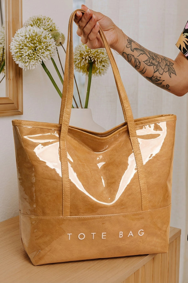 Women's Chic Women's Waterproof Camel Tote Bag with Retro Letter Print - Durable PVC, Spacious Design for Everyday Use