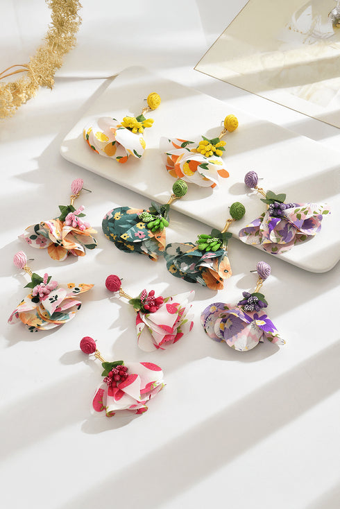 Yellow Boho Elegant Flower Fabric Raffia Vacation Earrings