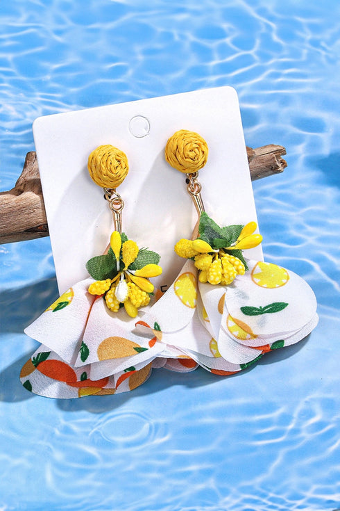 Yellow Boho Elegant Flower Fabric Raffia Vacation Earrings