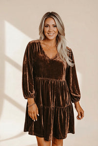 Women's Chicory Coffee Velvet Tiered Mini Dress with V-Neck