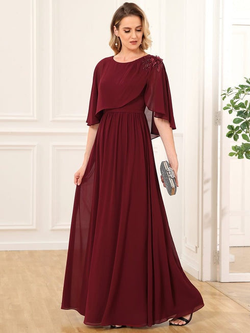 Chiffon Cape Mother of the Bride Dress with A-Line Silhouette and Floral Sequin Applique