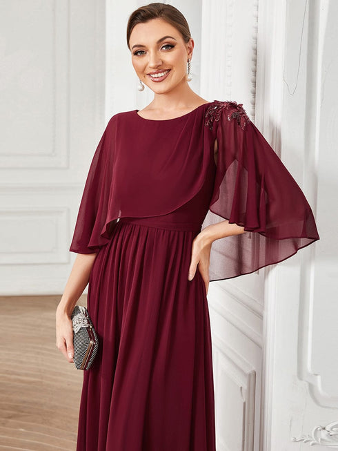 Chiffon Cape Mother of the Bride Dress with A-Line Silhouette and Floral Sequin Applique