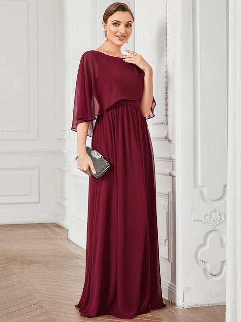 Chiffon Cape Mother of the Bride Dress with A-Line Silhouette and Floral Sequin Applique