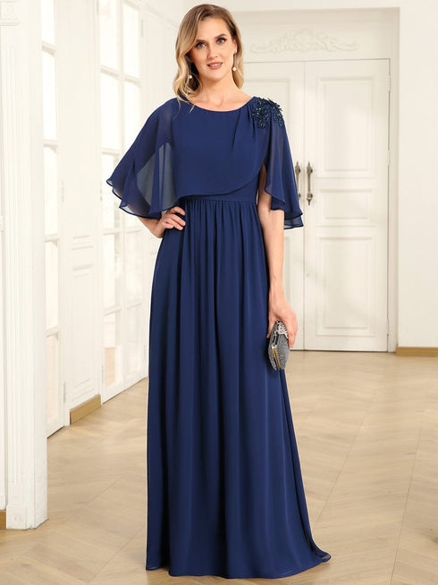 Chiffon Cape Mother of the Bride Dress with A-Line Silhouette and Floral Sequin Applique