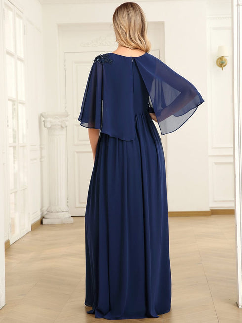Chiffon Cape Mother of the Bride Dress with A-Line Silhouette and Floral Sequin Applique