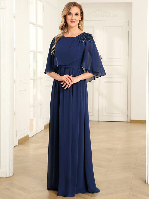 Chiffon Cape Mother of the Bride Dress with A-Line Silhouette and Floral Sequin Applique