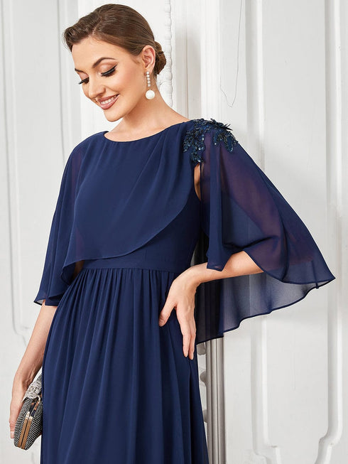 Chiffon Cape Mother of the Bride Dress with A-Line Silhouette and Floral Sequin Applique