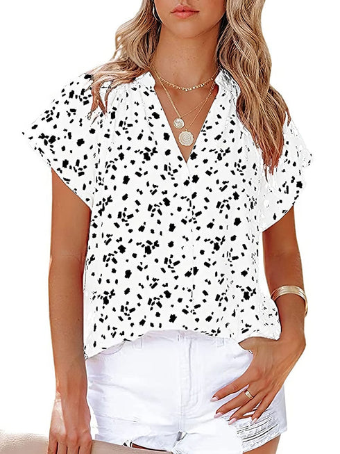 Chiffon Fashion Printed V-Neck Short Sleeve Blouse