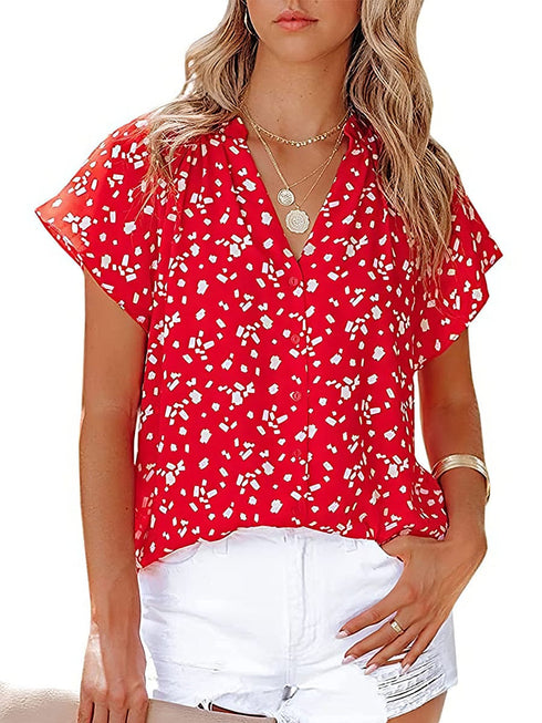 Chiffon Fashion Printed V-Neck Short Sleeve Blouse