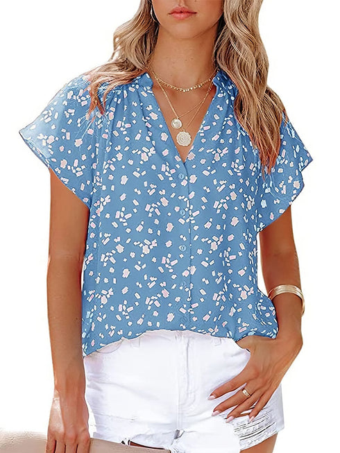 Chiffon Fashion Printed V-Neck Short Sleeve Blouse