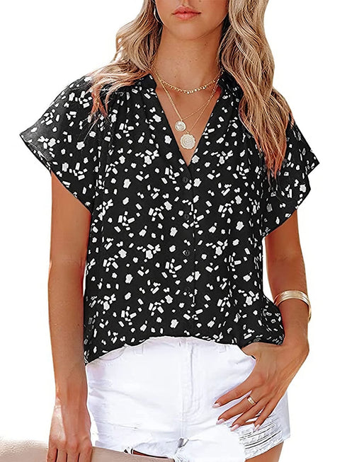 Chiffon Fashion Printed V-Neck Short Sleeve Blouse