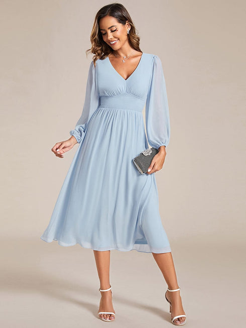 Chiffon Wedding Guest Dress with Knee Length and Long Sleeves