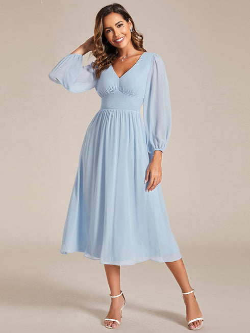 Chiffon Wedding Guest Dress with Knee Length and Long Sleeves