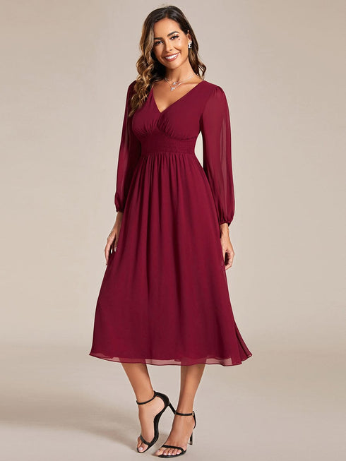 Chiffon Wedding Guest Dress with Knee Length and Long Sleeves